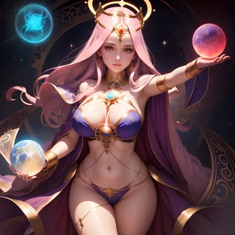 [Uma mulher] [Maga conjuring magic circles] [a goddess holding planets in her hand] [corpo inteiro] [alta qualidade] [colorido] [livro] [universo] [magic symbols] [magia]