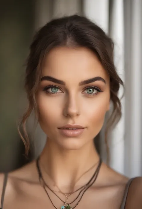 Arafed woman with a white tank top and necklace, fille sexy aux yeux verts, Portrait Sophie Mudd, cheveux bruns et grands yeux, selfie of a young woman, Yeux de chambre, Violet Myers, sans maquillage, maquillage naturel, looking straight at camera, Visage ...