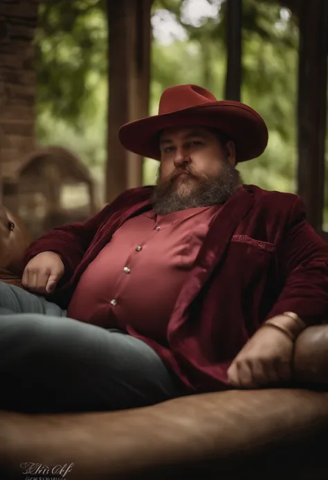 Mostrar todo o corpo completo na Fotografia, ele veste camisa social com detalhes florais havaiano, He doesnt use photo-centric dynamic teapot, Just chubby chubby huge belly, Morbid and protruding belly, Man with beard and red hat is sitting on an elegant ...