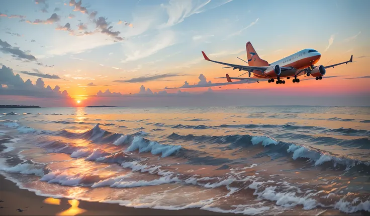 an ultra-realistic image of a picturesque scene on the beach at sunset. The main focus of the image is a modern commercial airliner that flies majestically over the ocean, almost touching the calm waters. The perspective of the image is as if we were on th...