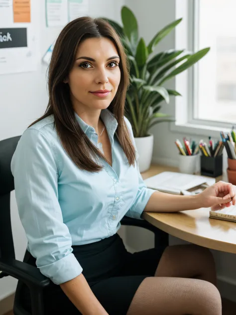 general shot, a brunette woman, depth of field, female nutritionist sitting in a chair in her office.