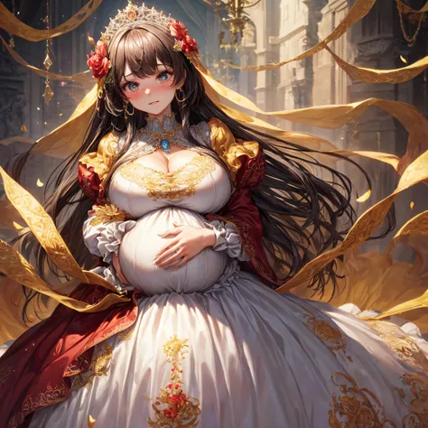 (masterpiece, best quality,extremely detailed:1.1),(moe anime art style:1.2),1girl,((full body,focus face)),((solo)), cute, kawaii,digital art,((1 bling-bling pregnant princess wearing beautiful embroidery and jeweled gorgeous rococo ballgown with jeweled ...