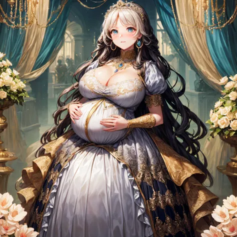 (masterpiece, best quality,extremely detailed:1.1),(moe anime art style:1.2),1girl,((full body,focus face)),((solo)), cute, kawaii,digital art,((1 bling-bling pregnant princess wearing beautiful embroidery and jeweled gorgeous rococo ballgown with jeweled ...