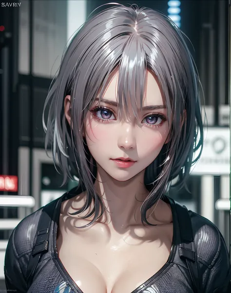 (8K, Photorealistic, Raw photo, of the highest quality: 1.3), (1girl in), Super beautiful, (Realistic face), (boyish, Silver Color Berry Shorthair), Beautiful cyberpunk suit, Glare that captivates the viewer, Beautiful expression, Beautiful breasts, (Reali...