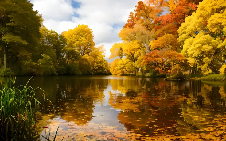 Tree in the background, beautiful high resolution, autumn tranquility, lake in forest, autumn foliage in the foreground, dramatic autumn landscape, during fall, beginning of autumn, golden autumn, Bright autumn colors, colorful autumn trees, Autumn, rich p...