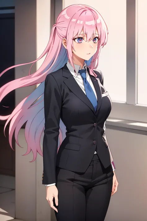 1girl, shikimori-san, butler, tuxedo, tight pants, blue necktie, long hair, pink hair