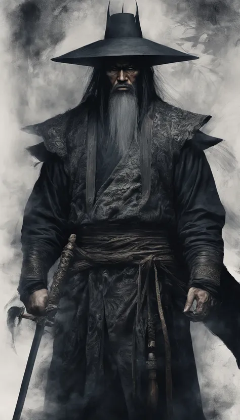 middle aged man, Evil painting style, A high resolution, Black color hair, Half is the body of a demon，Half a demon face, Chinese Warrior, Delicate three-dimensional blue flame demon face, sbeard, Wearing a hat, Expression of anger, Perfect body proportion...