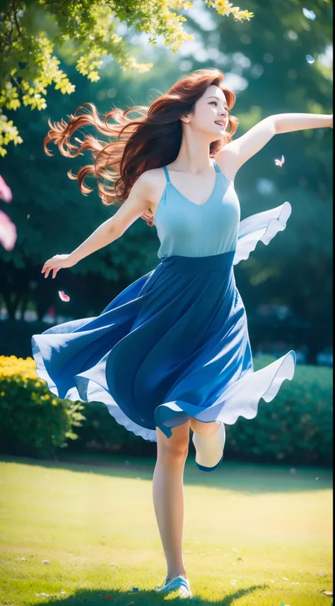 (Best quality,high resolution,Ultra-detailed:1.2), Beautiful blue to red gradient wavy curls fluttering in the breeze, Close-up of a woman jumping high, Vibrant flowers fill the background in a park-like setting, Cinematic style shooting.