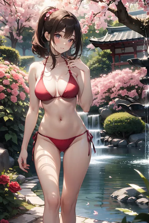 top-quality、Full limbs、complete fingers、Beautiful 25 year old woman、Slender beauty、poneyTail、Medium hair、Brown hair、Raw feet、bikini in pink color、Beautiful Large Breasts、Japanese garden、lawn、Rose Garden、The fountain、sexypose、Walking