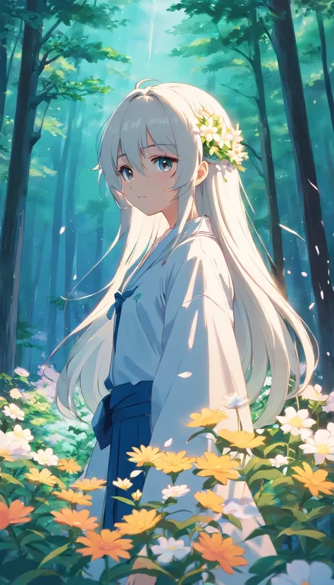 Anime girl with long white hair and hair flowers, Beautiful anime artwork, style of anime4 K, Anime art wallpaper 4k,Rainy days，janelas，the woods，