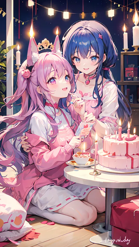 Anime AI girl, little girl, birthday, mother and daughter, happy, laughing, smiling, birthday party, cake, candles, lights out, blowing out candle