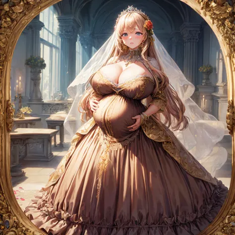 (masterpiece, best quality,extremely detailed:1.1),(moe anime art style:1.2),1girl,((full body,focus face)),((solo)), cute, kawaii,digital art,((1 bling-bling pregnant princess wearing beautiful embroidery and jeweled gorgeous rococo ballgown with jeweled ...