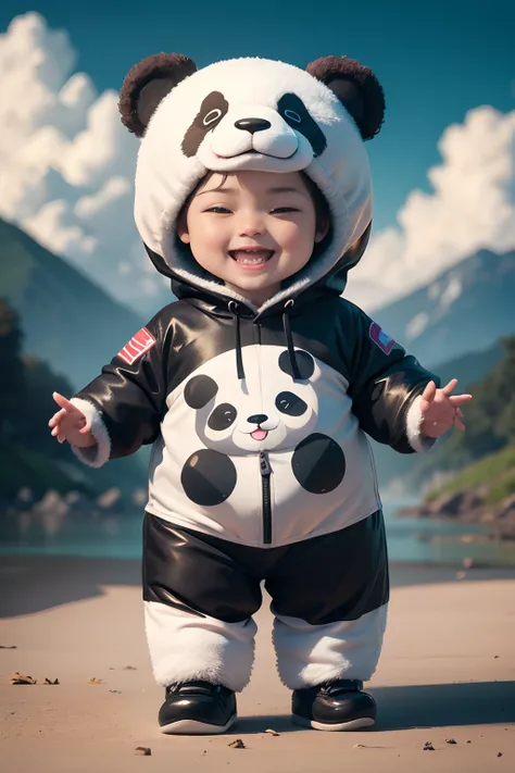 create a toddler character wearing panda costume, full body, front facing, high definition, 8k , engine 5, vibrant colors, ultra high detail, smiling, waving, with five fingers, realistic, fix hand, fix face