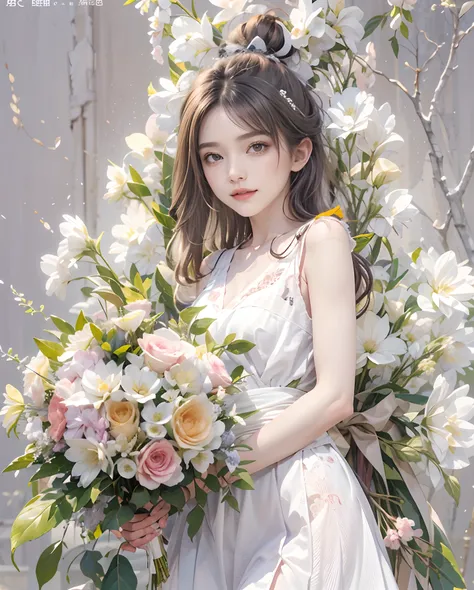 masutepiece、hight resolution、Florist clerk、30-year-old girl、１Girl clerk、Looking at the camera、smil、Finish as shown in the photo、Flowers and girls、the skin is white and beautiful、Hair is long and beautiful、inner colored、Hair should be tied back、A slender、le...