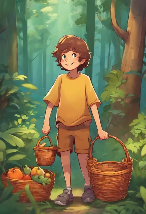 Cartoon boy standing in the forest with a basket of food, Arte infantil em Artstation, arte conceitual do menino solteiro, 2d illustration, 2d illustration, detailed 2d illustration, Cartoon style illustration, Loish e Goro Fujita, arte digital detalhada b...