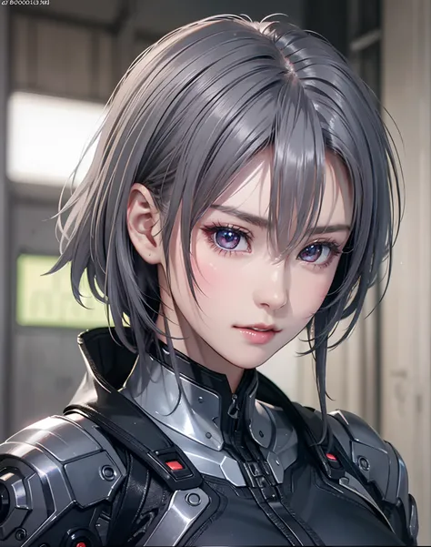 (8K, Photorealistic, Raw photo, of the highest quality: 1.3), (1girl in), Super beautiful, (Realistic face), (boyish, Silver Color Berry Shorthair), Beautiful cyberpunk suit, Glare that captivates the viewer, Beautiful expression, Beautiful breasts, (Reali...