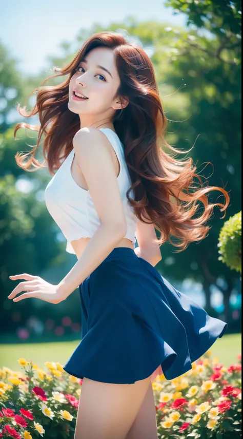 (Best quality,high resolution,Ultra-detailed:1.2), Beautiful blue to red gradient wavy curls fluttering in the breeze, Close-up of a woman jumping high, Vibrant flowers fill the background in a park-like setting, Cinematic style shooting.