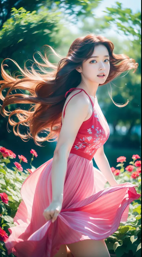 (Best quality,high resolution,Ultra-detailed:1.2), Beautiful blue to red gradient wavy curls fluttering in the breeze, Close-up of a woman jumping high, Vibrant flowers fill the background in a park-like setting, Cinematic style shooting.