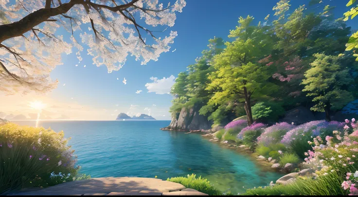 Masterpiece, best quality, (very detailed CG unity 8k wallpaper) (best quality), (best illustration), (best shadows) Nature&#39, blue sea,delicate leaves petals of various colors falling in the air light Tracking, super detailed --v6