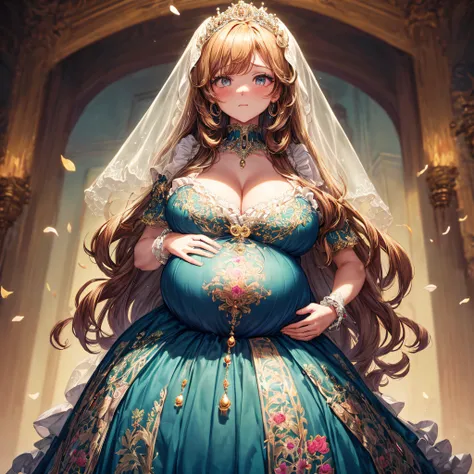 (masterpiece, best quality,extremely detailed:1.1),(moe anime art style:1.2),1girl,((full body,focus face)),((solo)), cute, kawaii,digital art,((1 bling-bling pregnant princess wearing beautiful embroidery and jeweled gorgeous rococo ballgown with jeweled ...