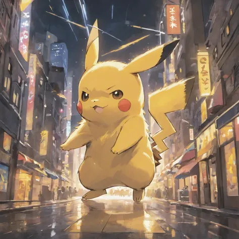 A lively city with dark and gloomy vibes, filled with buildings that stretch across the streets. Graffiti covers the walls, adding a hint of urban artistry. The centerpiece of the scene is a vibrant and energetic Pikachu, standing proudly in the midst of t...