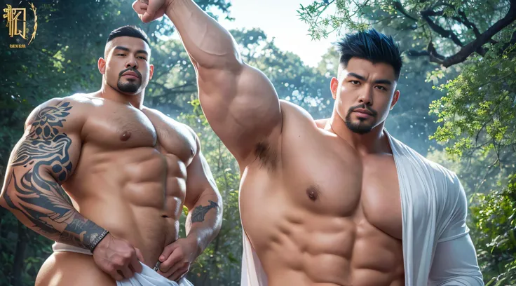 A sexy Chinese man，lightblue hair, short detailed hair，parted lip, Lips, White robe,Forest background, Sunset lights, Short beard perfect figure with tattoos, Very huge and strong body, Bulging muscles, musculous, Very large pectoral muscles，Very sexy abs，...