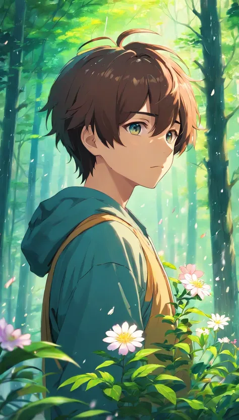 Anime boy with hair flowers, Beautiful anime artwork, style of anime4 K, Anime art wallpaper 4k,Rainy days，janelas，the woods，Bust photo