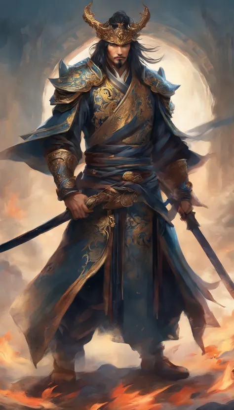 middle aged man, Evil painting style, A high resolution, Black color hair, Half is the body of a demon，Half a demon face, Chinese Warrior, Delicate three-dimensional blue flame demon face, sbeard, Wearing a hat, Expression of anger, Perfect body proportion...