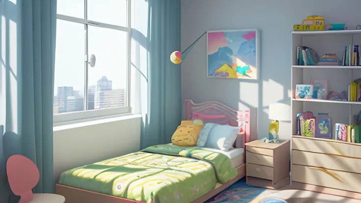 Modern daytime childrens room, Between the Lights,Realistic, ​masterpiece,top-quality,professional photograpy,detail portrayal,8K,