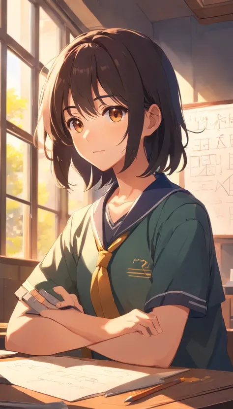 schoolboy，Sunlight under classroom windows，Pen in hand，Black hair with brown pupils，Anime style 4k，Bust photo