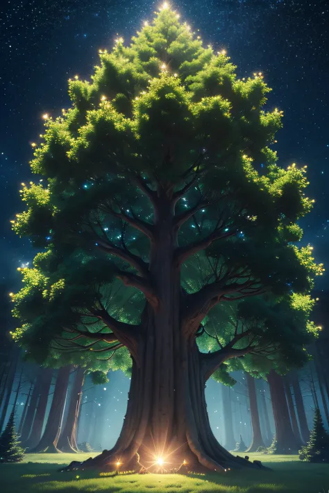 (a huge tree from front, lush illumination, night sky, small stars above, (4k, high-res, best quality), dynamic nature)