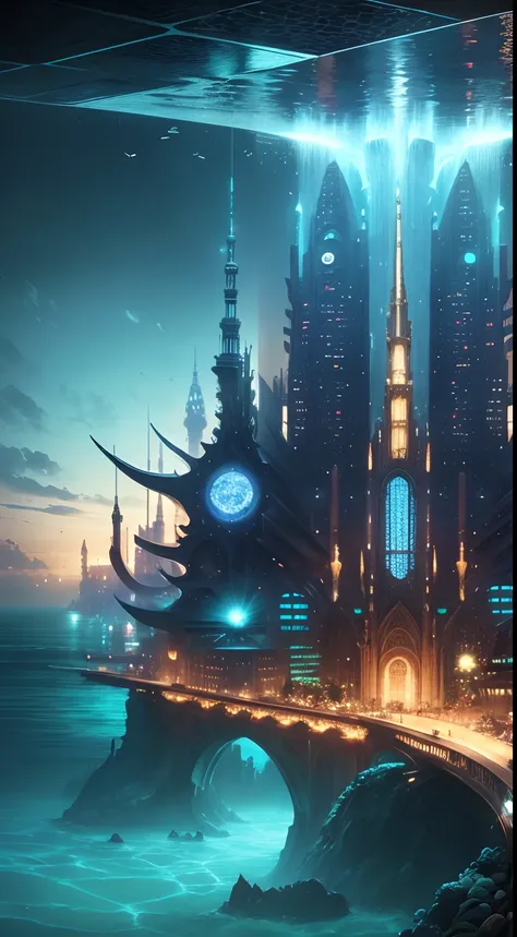 HDR ultra resolution 4k, 8k, ciudad submarina, Great underwater metropolis, Fantasy city coexisting within the sea