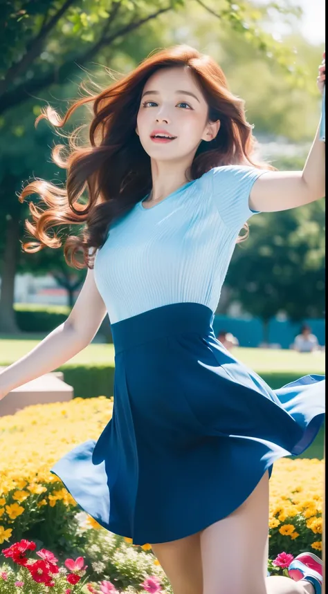 (Best quality,high resolution,Ultra-detailed:1.2), Beautiful blue to red gradient wavy curls fluttering in the breeze, Close-up of a woman jumping high, Vibrant flowers fill the background in a park-like setting, Cinematic style shooting.