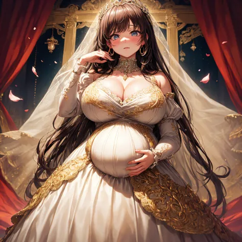 (masterpiece, best quality,extremely detailed:1.1),(moe anime art style:1.2),1girl,((full body,focus face)),((solo)), cute, kawaii,digital art,((1 bling-bling pregnant princess wearing beautiful embroidery and jeweled gorgeous rococo ballgown with jeweled ...