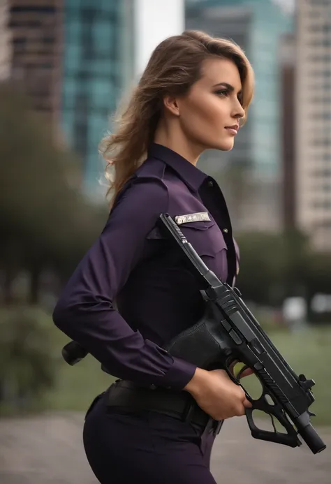 ((master part)), ((best quality)), ((Altas)), 1girl, sozinho, policial, (matching pants, Slacks), city backdrop, (segurar e apontar pistola, pistola detalhada, Glock 22, Disciplina de gatilho), Standing, medium hair, (cabelo roxo, Caudas duplas), (olhos ve...