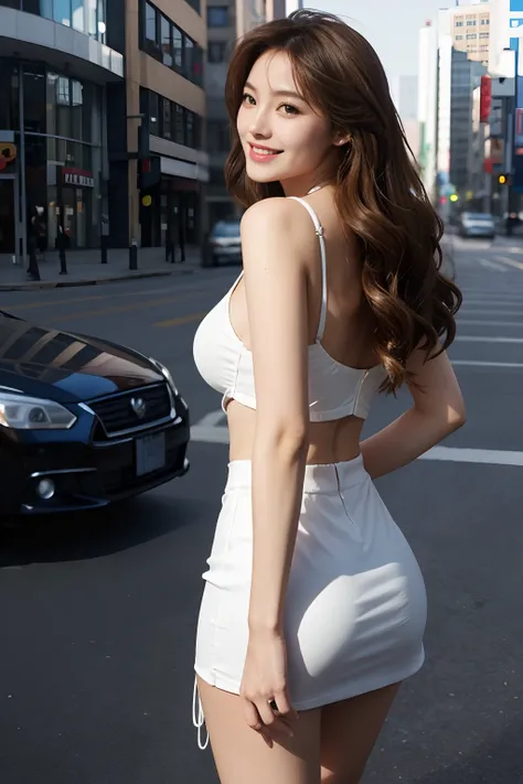 Best Quality, 超A high resolution, (Realistic、Photorealistic:1.4), 1girl in, Suit with open chest、a miniskirt、Peeling off、 (light brown hair:1.2), l Viewing the Viewer, Smiling、Colossal tits、Plump style、Constriction、Very big ass,、urbane, makeup, Wide Angle、...