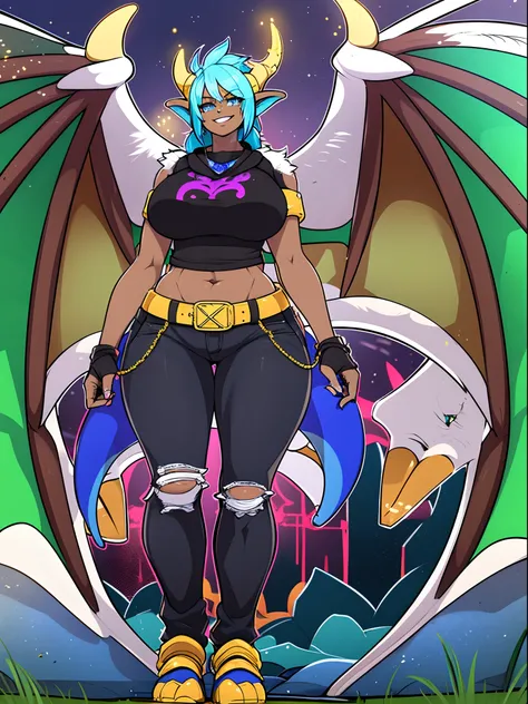 sapphirus, darkskinned-female, dragon wing, smile, pants, full body, standing, pullover