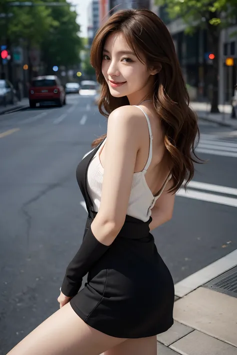 Best Quality, 超A high resolution, (Realistic、Photorealistic:1.4), 1girl in, Suit with open chest、a miniskirt、Peeling off、 (light brown hair:1.2), l Viewing the Viewer, Smiling、Colossal tits、Plump style、Constriction、Very big ass,、urbane, makeup, Wide Angle、...