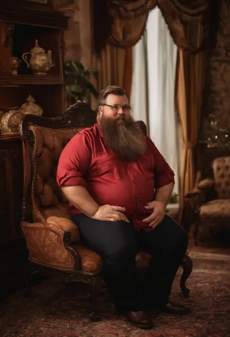 Mostrar todo o corpo completo na Fotografia, ele veste camisa social com detalhes florais havaiano, He doesnt use photo-centric dynamic teapot, Just chubby chubby huge belly, Morbid and protruding belly, Man with beard and red hat is sitting on an elegant ...