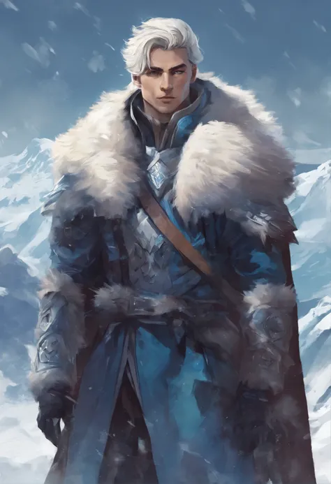 Eine realistische Grafik (Digitale Kunst) von meiner Romanfigur. He is the king of the ice islands. Ein sehr gutaussehender Mann. Er hat hellblonde, short hair and wears a blue robe, also fur to keep warm. Er sieht eher ernst aus. Zudem begleitet ihn ein P...