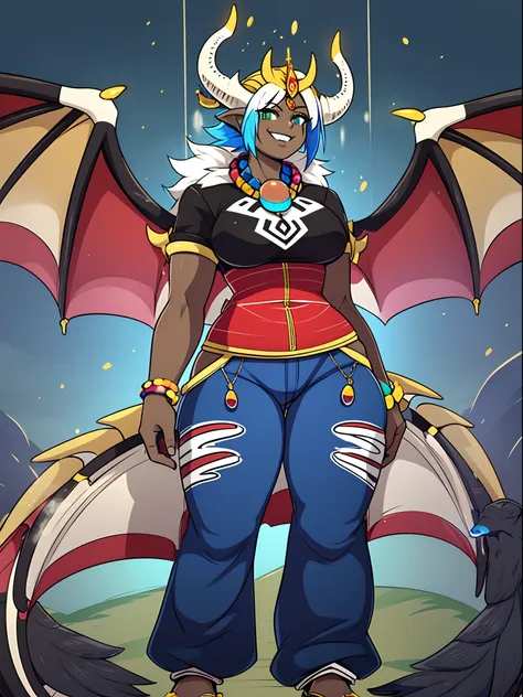 sapphirus, darkskinned-female, dragon wing, smile, pants, full body, standing, pullover