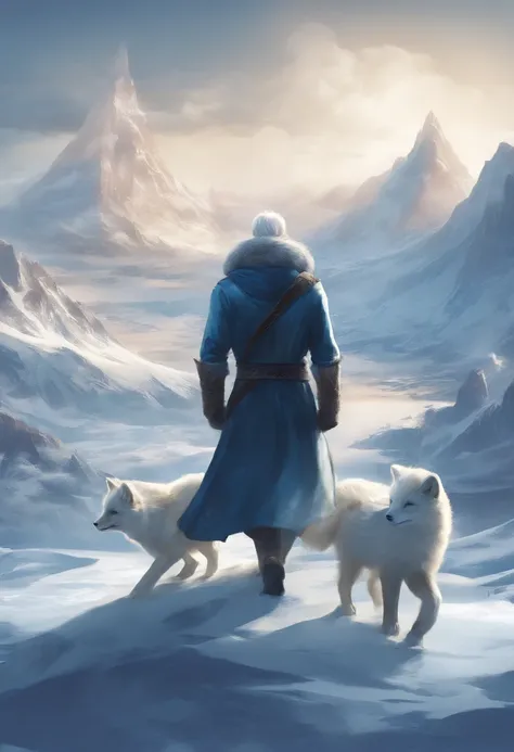 Eine realistische Grafik (Digitale Kunst) von meiner Romanfigur. He is the king of the ice islands. Ein sehr gutaussehender Mann. Er hat hellblonde, short hair and wears a blue robe, also fur to keep warm. Er sieht eher ernst aus. Neben ihm, an arctic fox ...