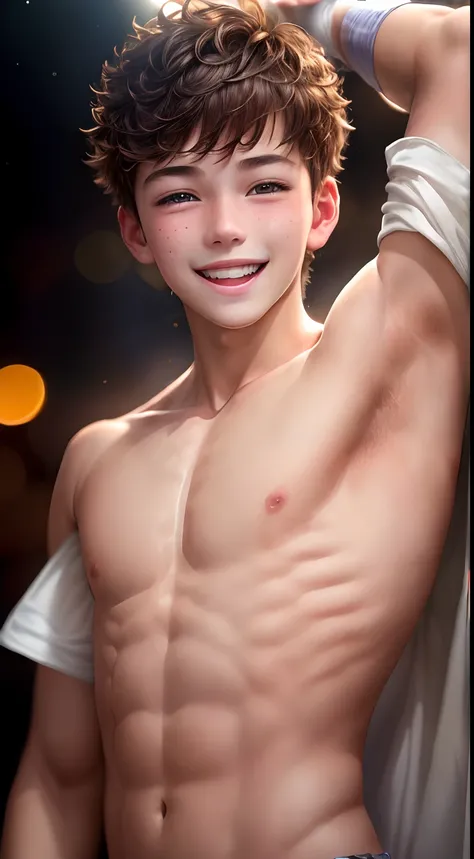 1 boy，Teen boy, happy laugh，shirtless, bare chest, (showing armpit:1.4), Smooth skin，Elaborate Eyes， ( bokeh, Out of Focus, Soft Lighting, movie lighting, God Ray, UHD)