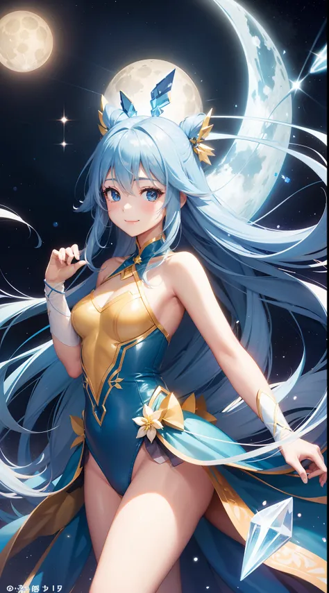 Pretty girl、A charming smile、Blue Long Hair、Twin-tailed、Engaging pose、Yellow and white leotard costume、Crystal jade、constellation、a moon、Fantastic background、