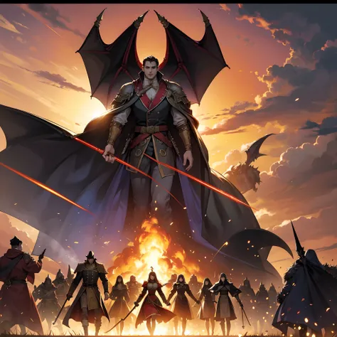 Lord Dracula leading troops army of demons to moroccan environnement city architecture hyper realistic super detailed Dynamic shot master piece scene cinématique scènes movie Epic Legendary perspective