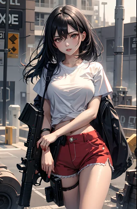 Girl with black hair, red shorts, white t-shirt,  holding two guns, guns have light smoke coming out the barrel