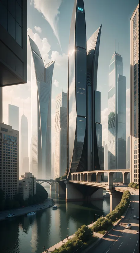 arafed view of a city with a bridge and a river, by Zha Shibiao, inspired by Zha Shibiao, landscape of a future city, inspired by Cheng Jiasui, beeple rendering, city of the future, with tall glass skyscrapers, beautiful city of the future, skyscrapers wit...