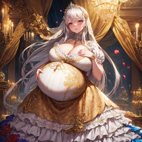 (masterpiece, best quality,extremely detailed:1.1),(moe anime art style:1.2),1girl,((full body,focus face)),((solo)), cute, kawaii,digital art,((1 bling-bling pregnant princess wearing beautiful embroidery and jeweled gorgeous rococo ballgown with jeweled ...