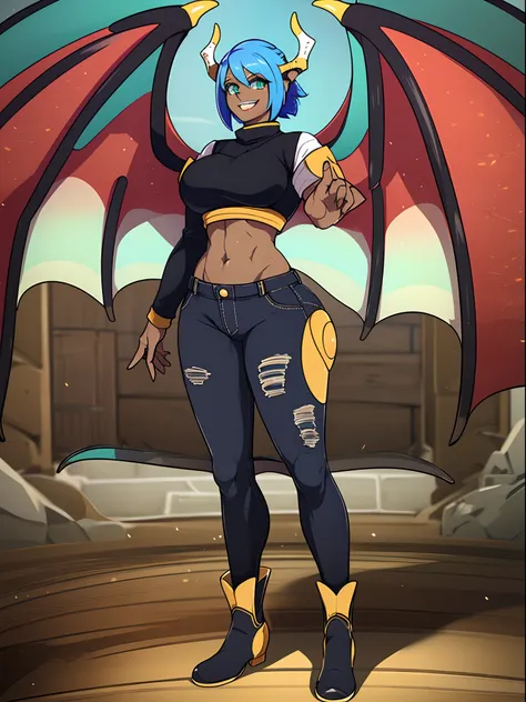 sapphirus, darkskinned-female, dragon wing, smile, pants, full body, standing, pullover, two wings