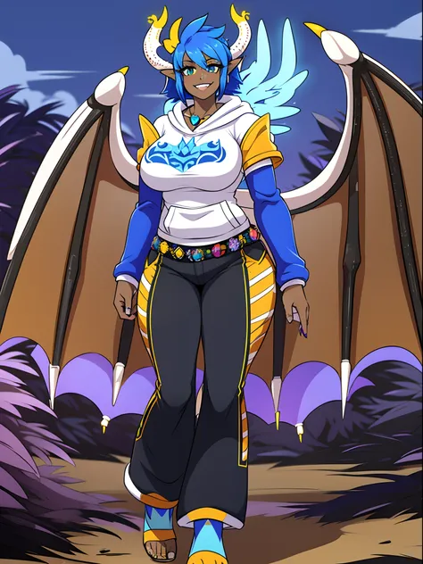 sapphirus, darkskinned-female, dragon wing, smile, pants, full body, standing, pullover, two wings